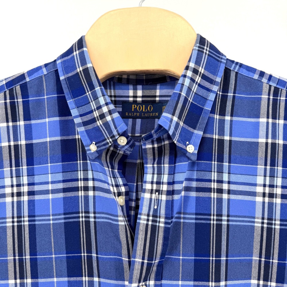 Polo Ralph Lauren Button Down Mens 2XLT Pre-Owned Shirt Blue Plaid SS Flesh Pony - Picture 5 of 11